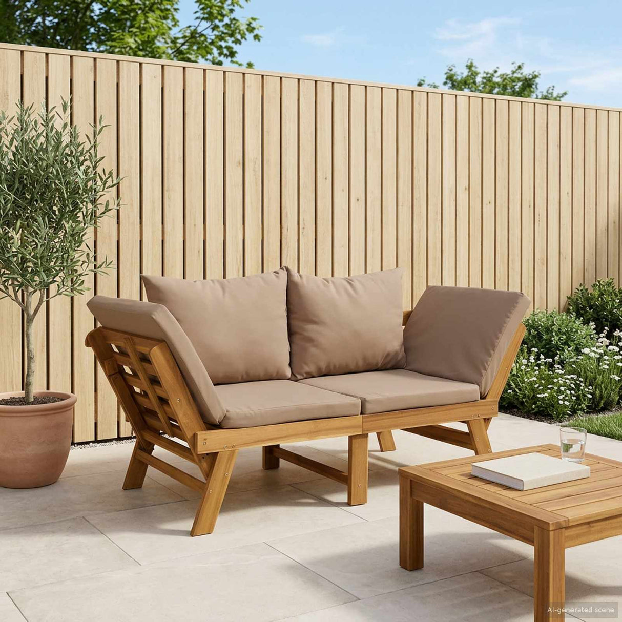 3-in-1 garden bench with cushions Solid Acacia Wood Natural