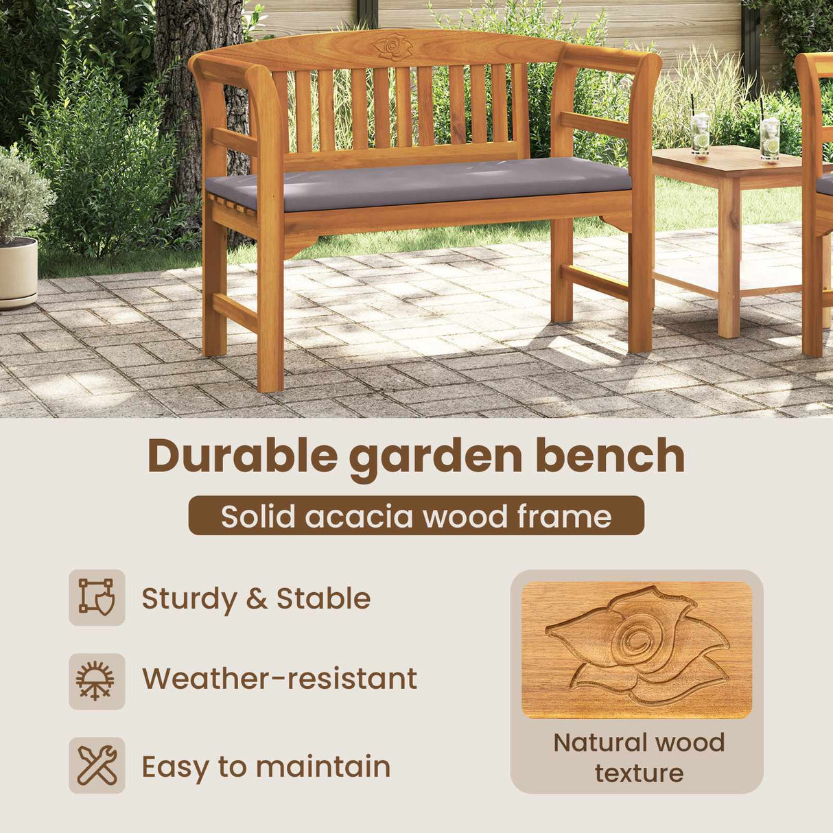 Rose Bench Natural 114 x 46 x 82.5 cm Solid Acacia Wood