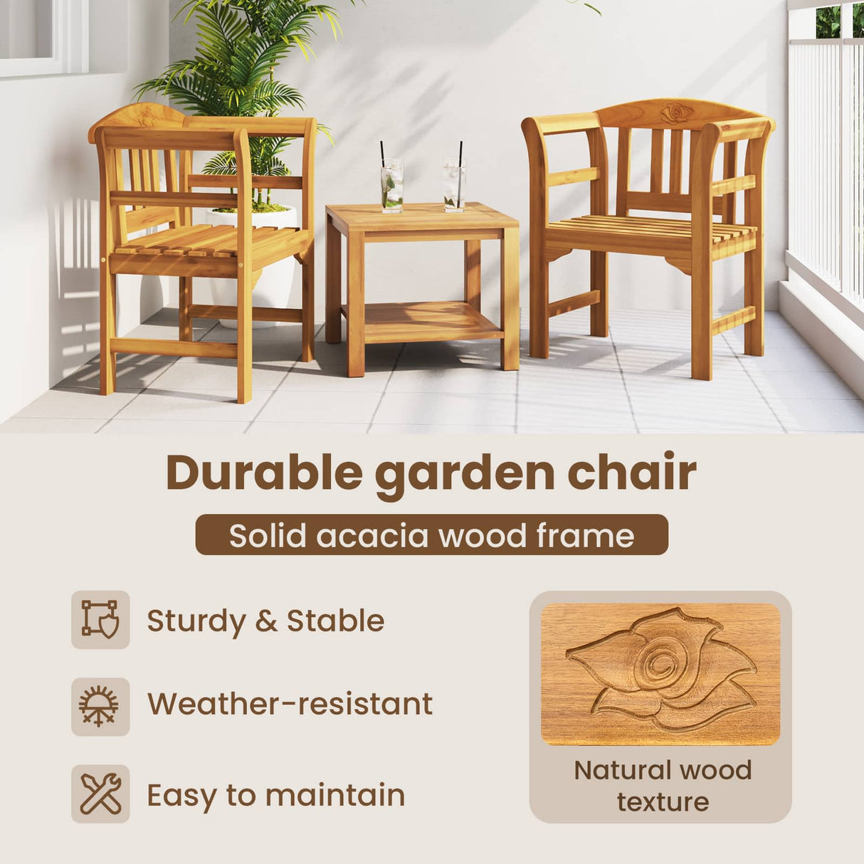 Rose Bench Natural 68.5 x 46 x 82.5 cm Solid Acacia Wood