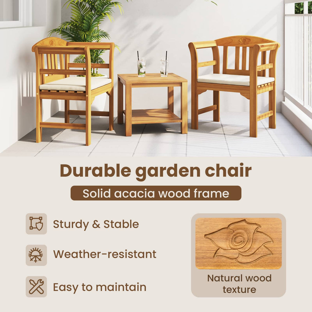 Rose Bench Natural 68.5 x 46 x 82.5 cm Solid Acacia Wood