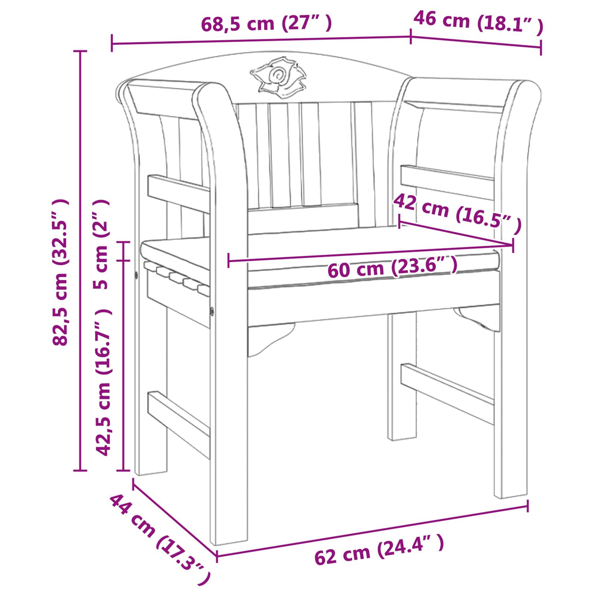 Rose Bench Natural 68.5 x 46 x 82.5 cm Solid Acacia Wood