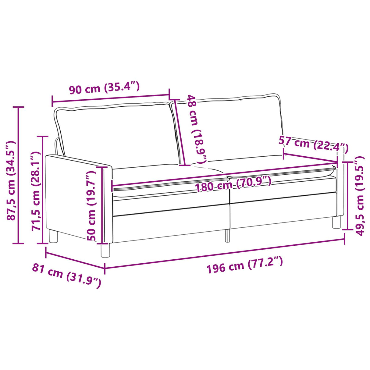 Sofa Dark Grey 196 x 81 x 87.5 cm Fabric