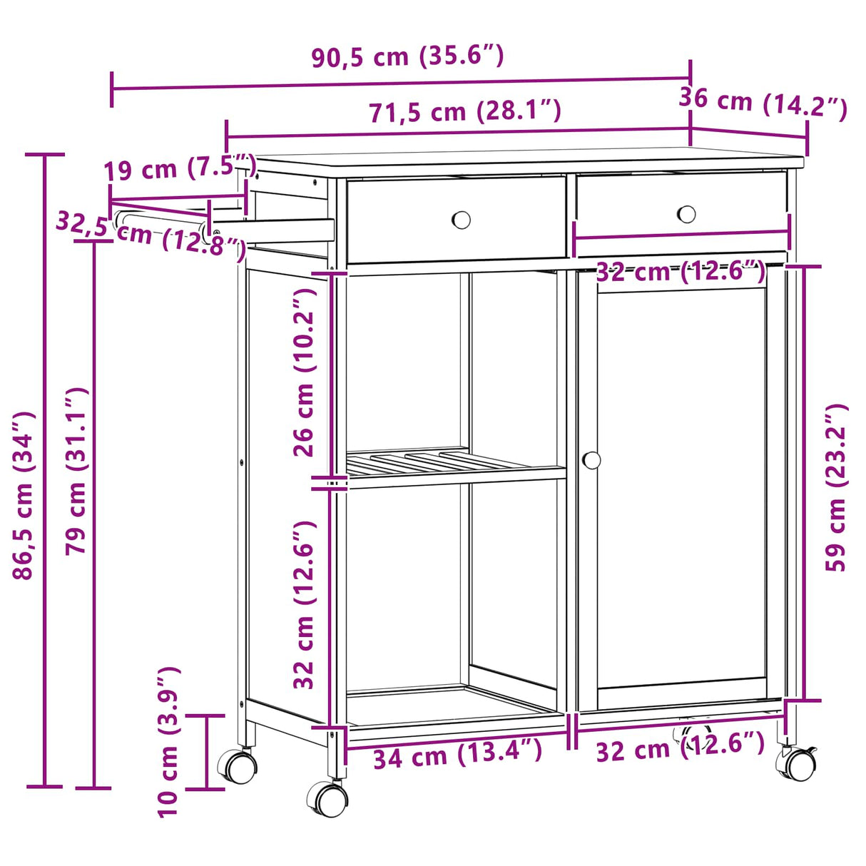 Kitchen Trolley with Wheels Natural 90.5 x 36 x 86.5 cm Bamboo