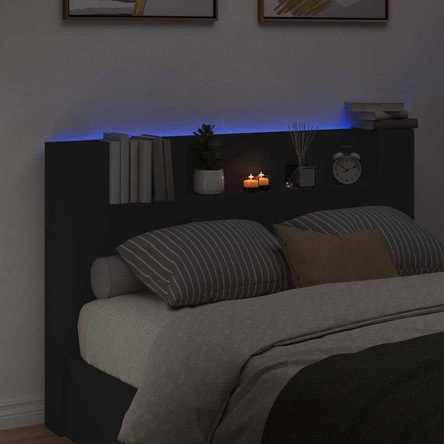 Storage Headboard with LED Black Engineered Wood