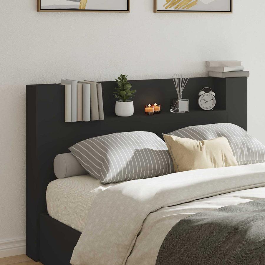 Storage Headboard with LED Black Engineered Wood