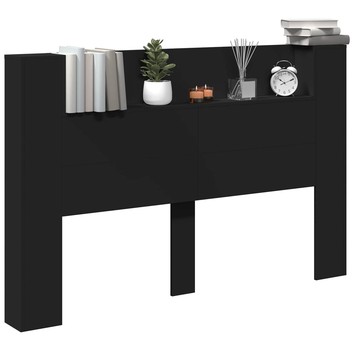 Storage Headboard with LED Black Engineered Wood