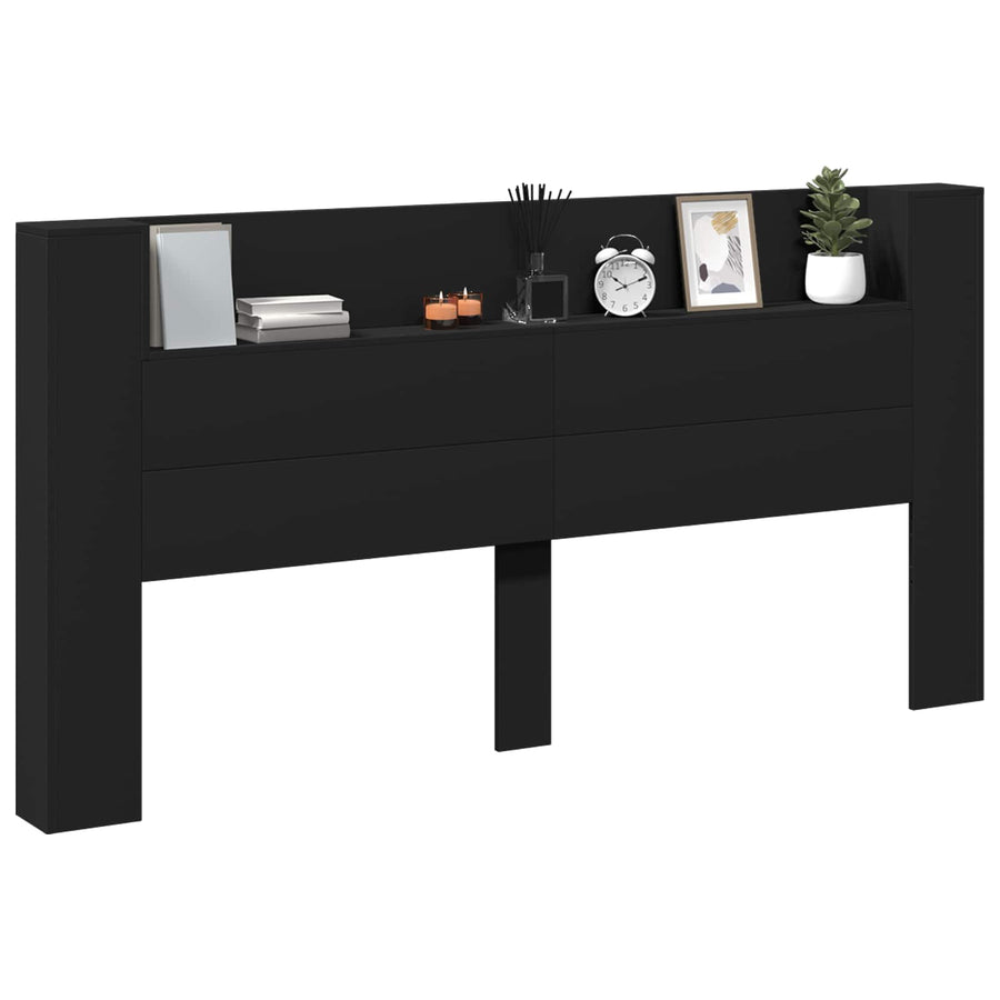 Storage Headboard with LED Black Engineered Wood