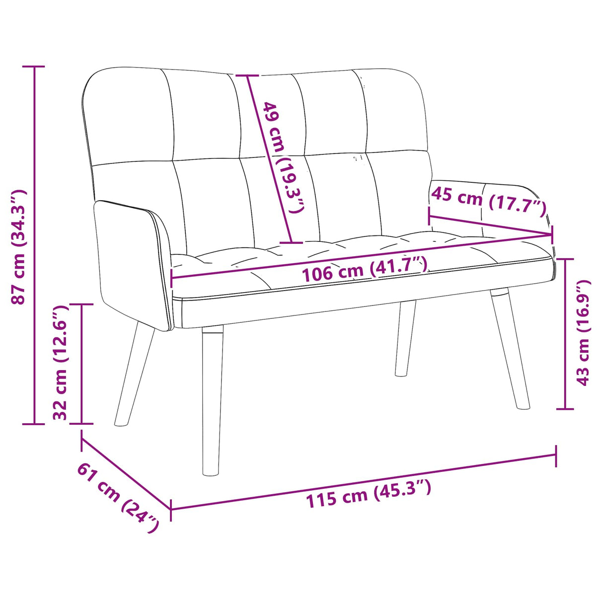 Two Seater Sofa Black 115 x 61 x 87 cm Velvet
