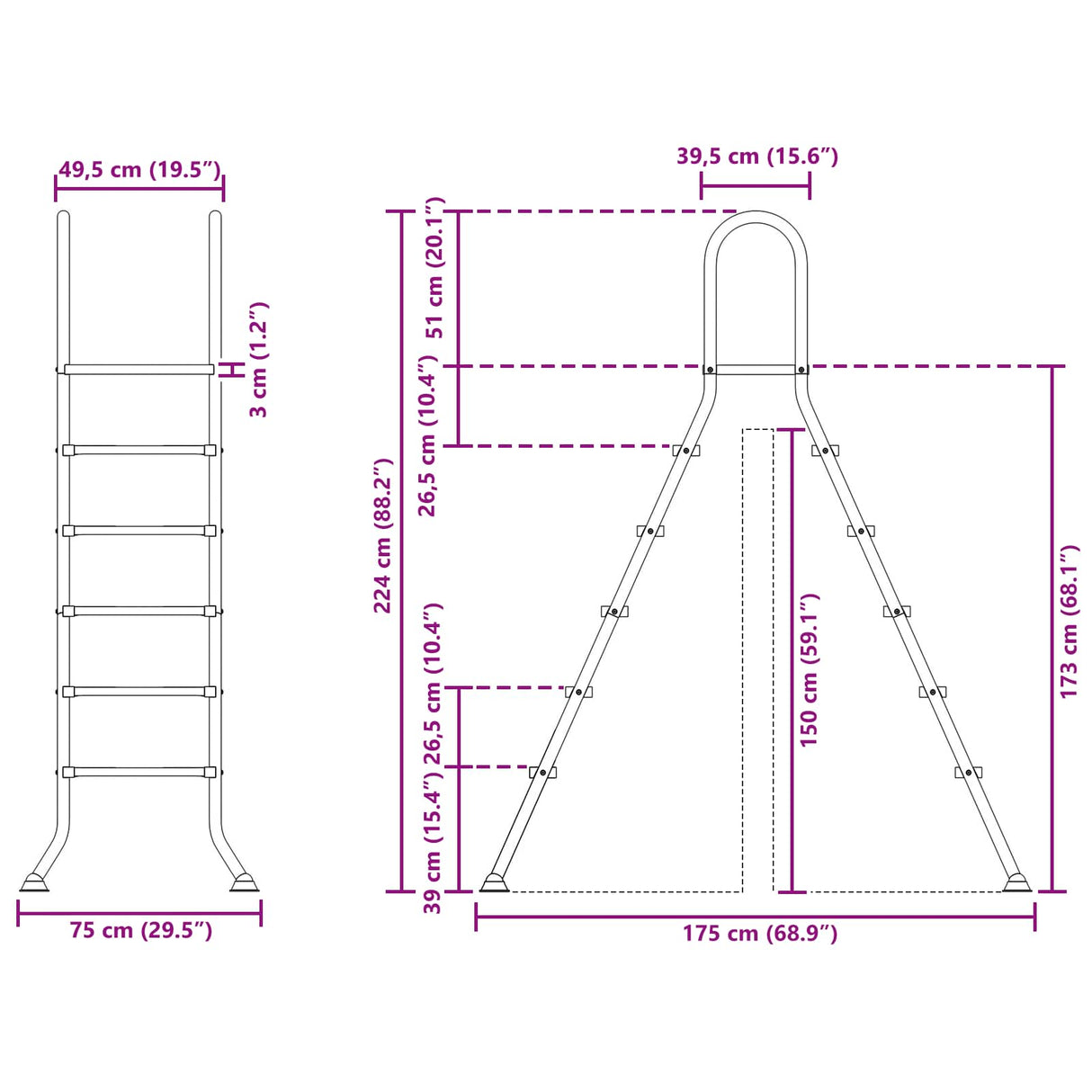 Above Ground Pool Ladder 224 x 175 cm 5-Step