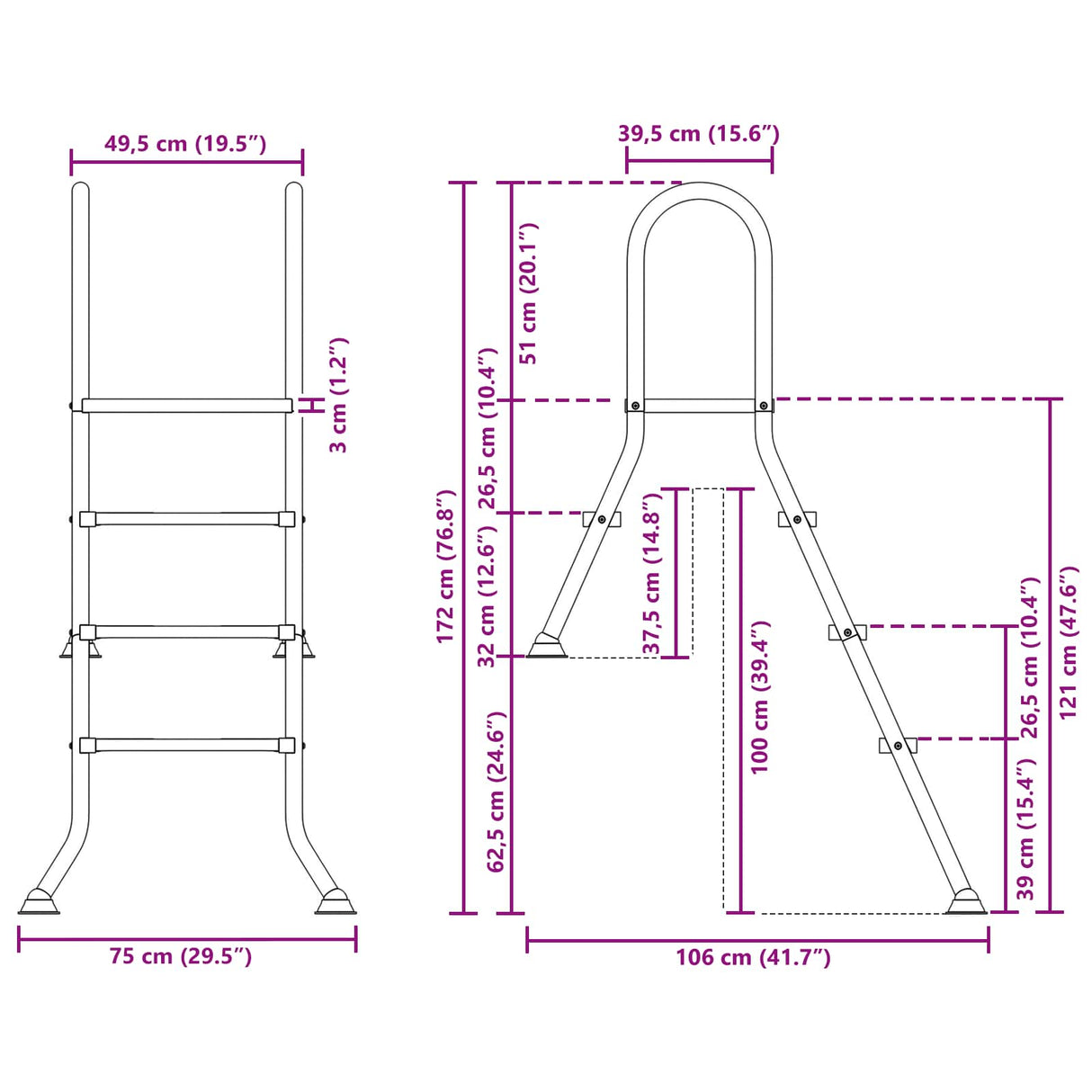 Partially in-ground pool ladder 172 x 106 cm 3-Step
