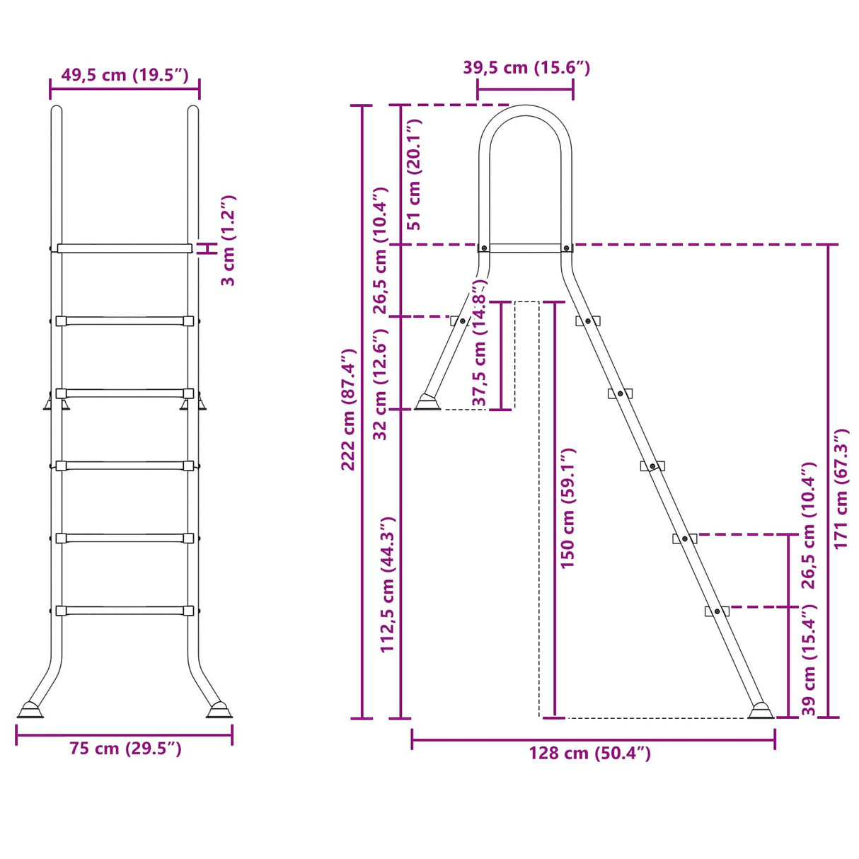 Partially in-ground pool ladder 222 x 128 cm 5-Step