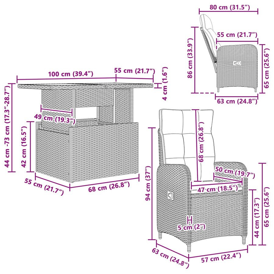 Outdoor Dining Set 3 pcs Black Poly Rattan