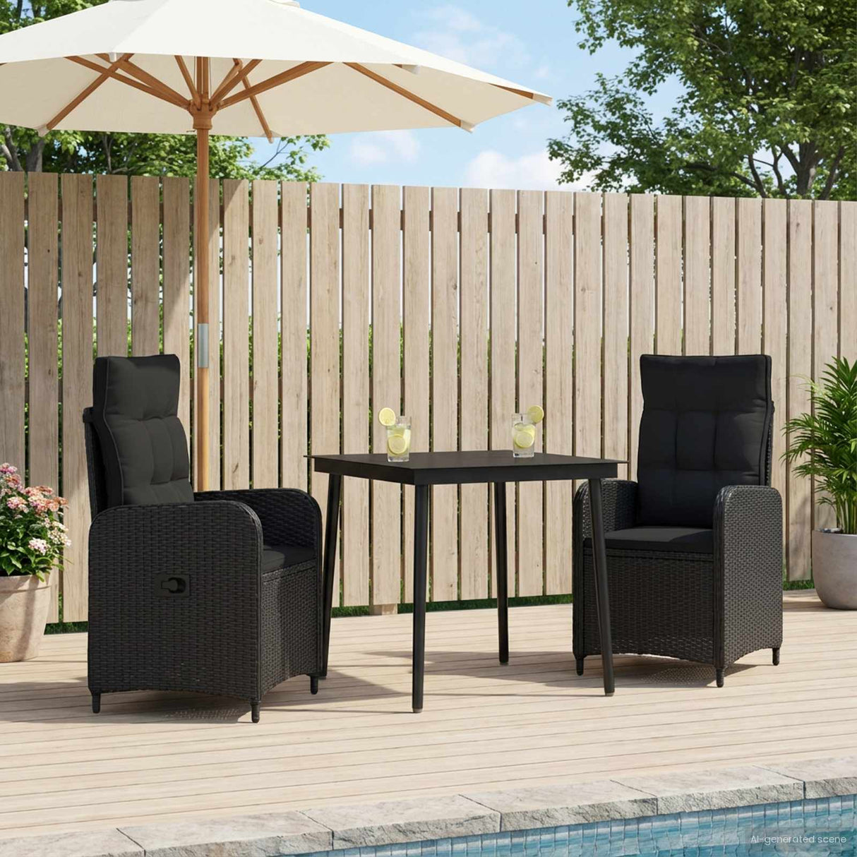 Sofa Table Set 3 pcs Black PE Rattan and Powder-Coated Steel