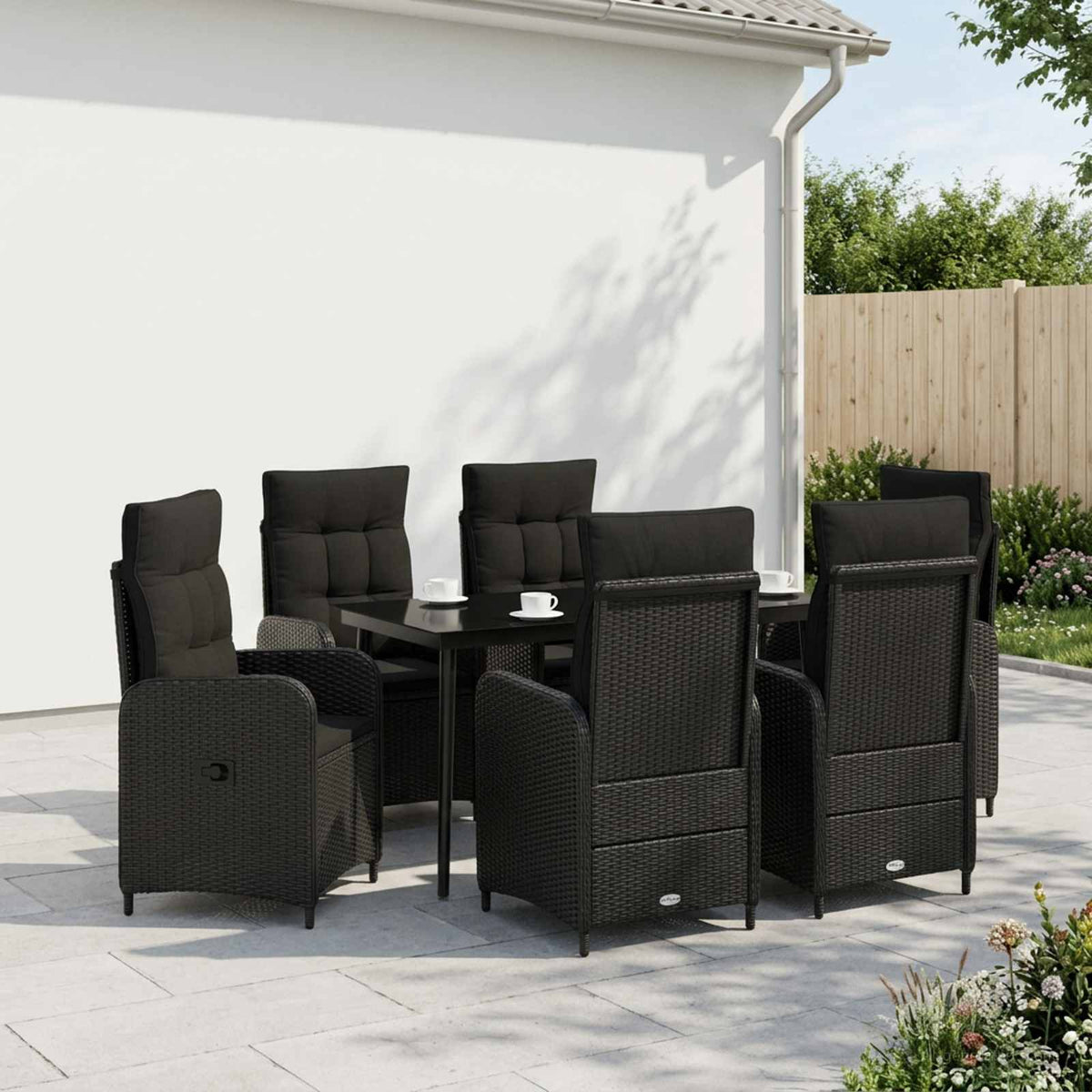 Sofa Table Set 7 pcs Black PE Rattan and Powder-Coated Steel