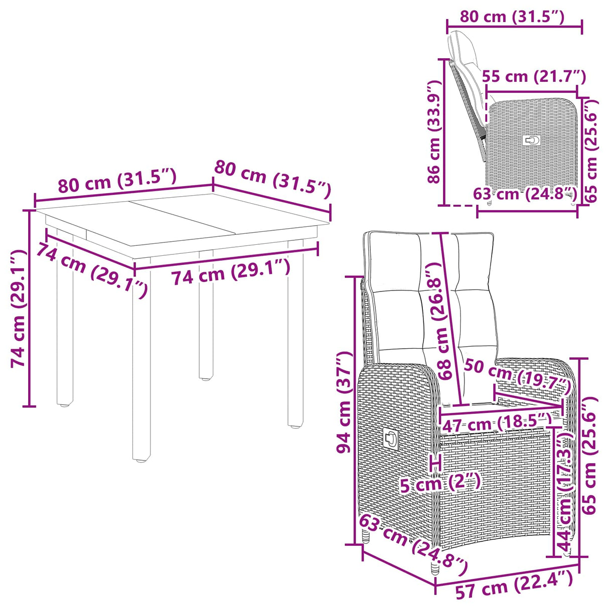 Sofa Table Set 5 pcs Black PE Rattan and Powder-Coated Steel