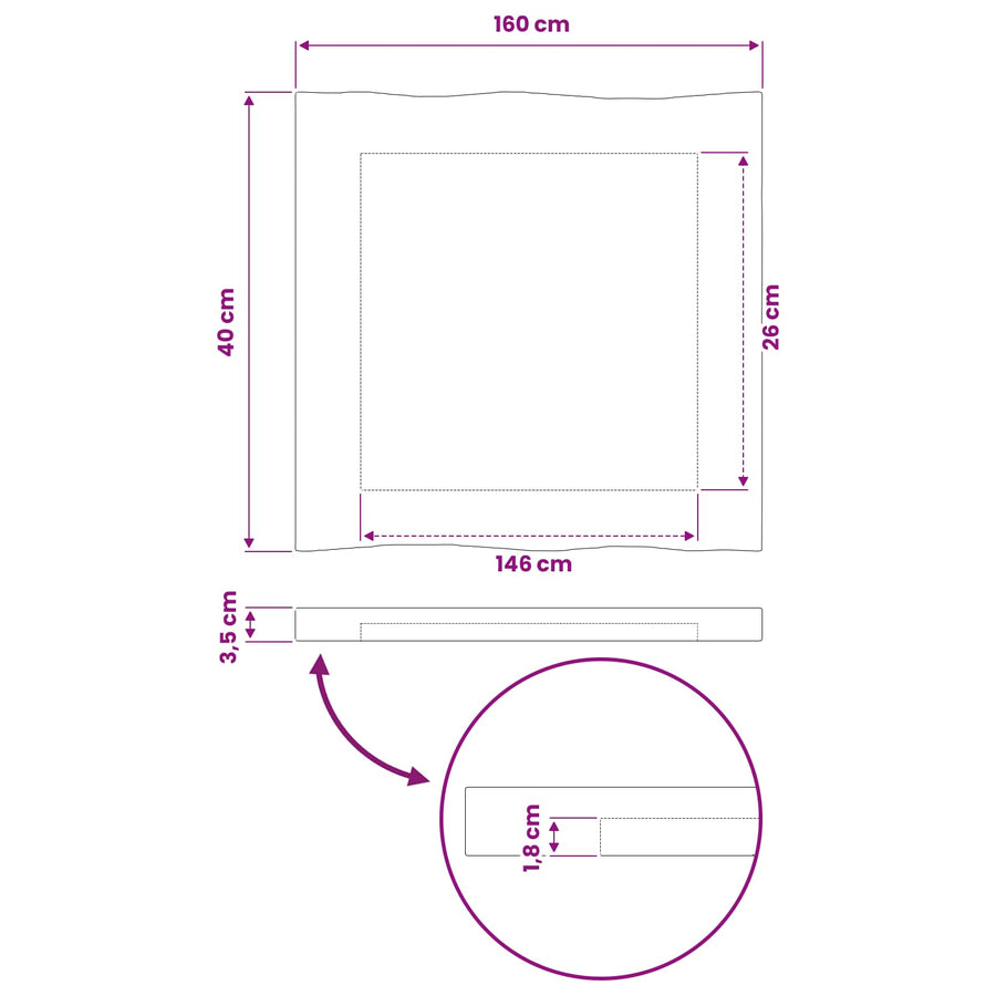 Rectangular Table Top 160 x 40 x 3.2 cm Rectangular
