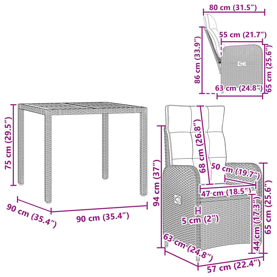Outdoor Dining Set 3 pcs Black 90 x 90 x 75 cm