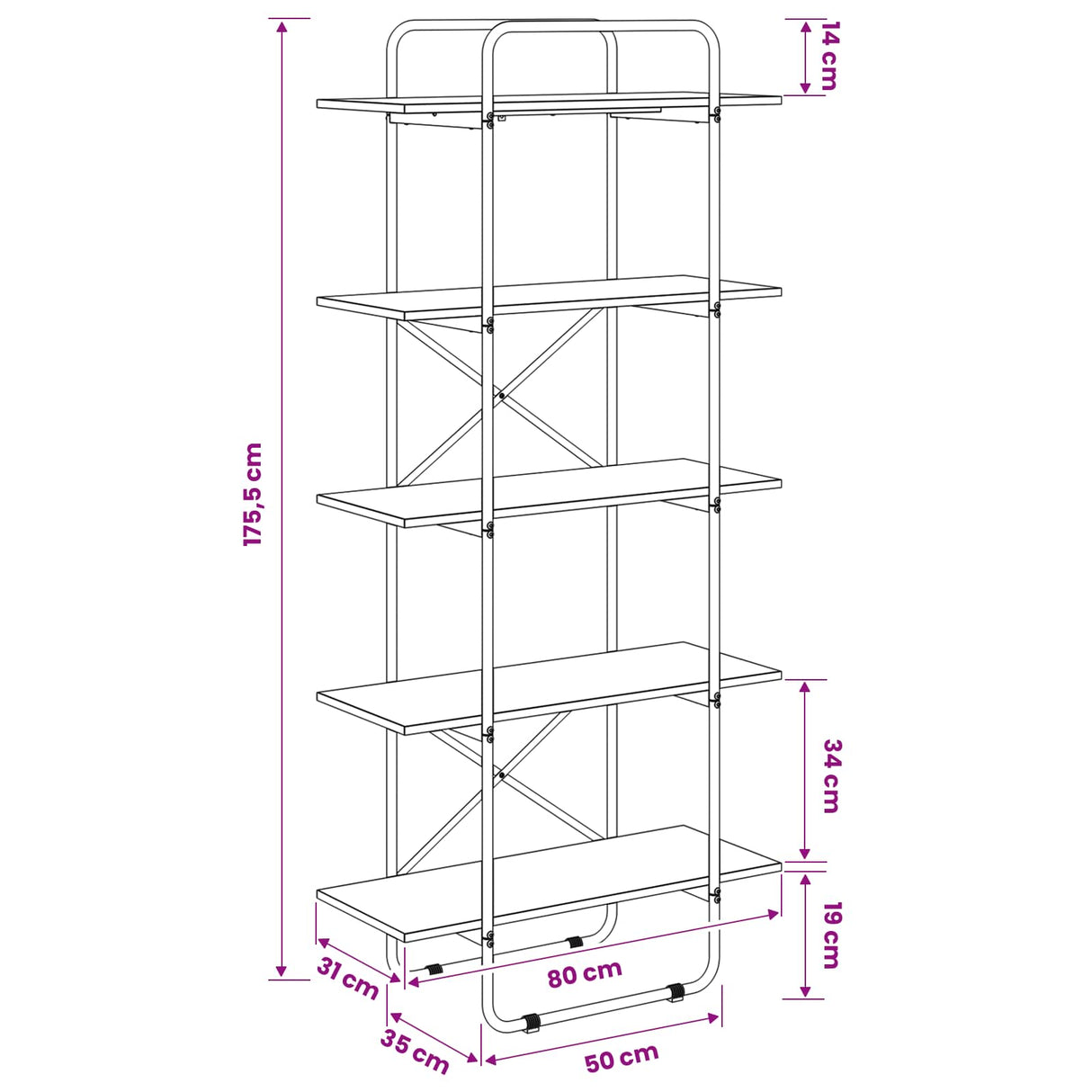 Bookshelf 5-Tier 80 x 35 x 175.5 cm PB Sonoma Oak