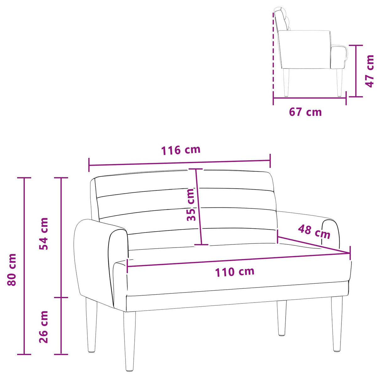 Loveseat with button tufted Black 116 x 67 x 80 cm Fabric
