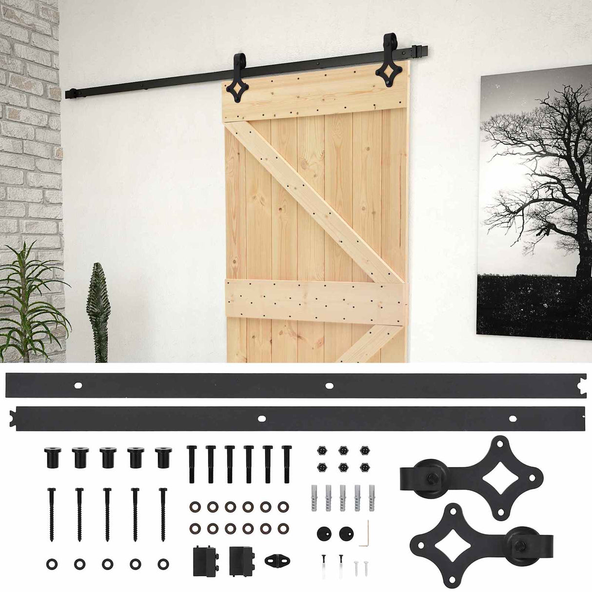 Sliding Door Natural and Black 100 x 210 cm Solid Pine Wood