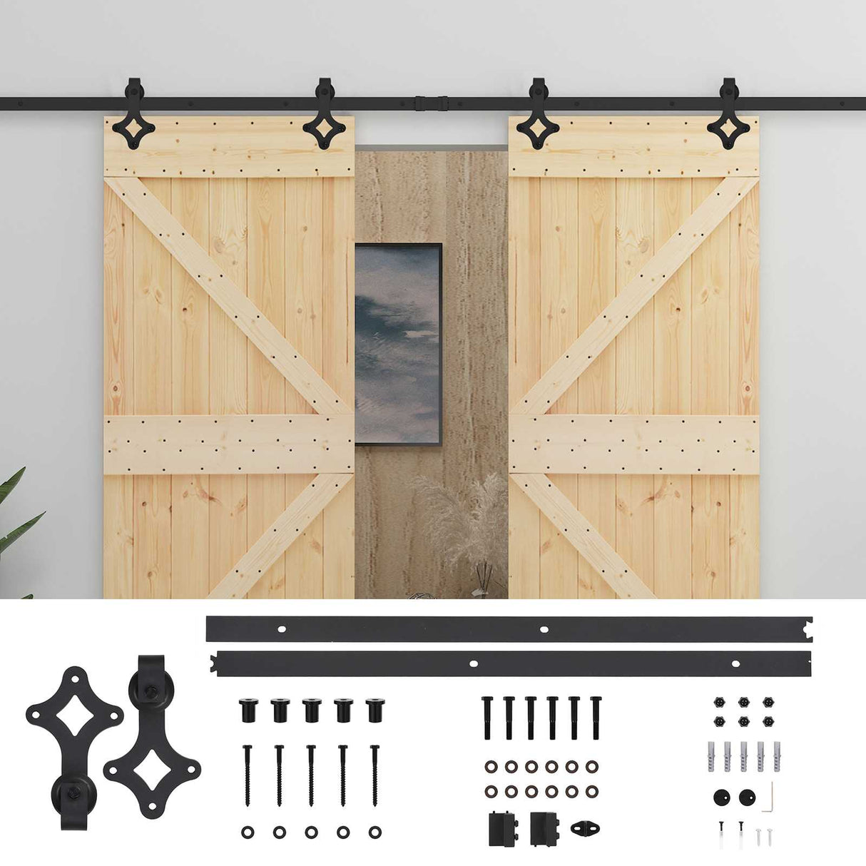 Sliding Door 2 pcs Natural and Black Solid Pine Wood