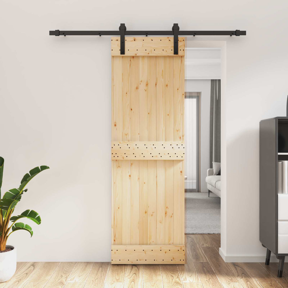 Sliding Door Natural and Black 70 x 210 cm Solid Pine Wood