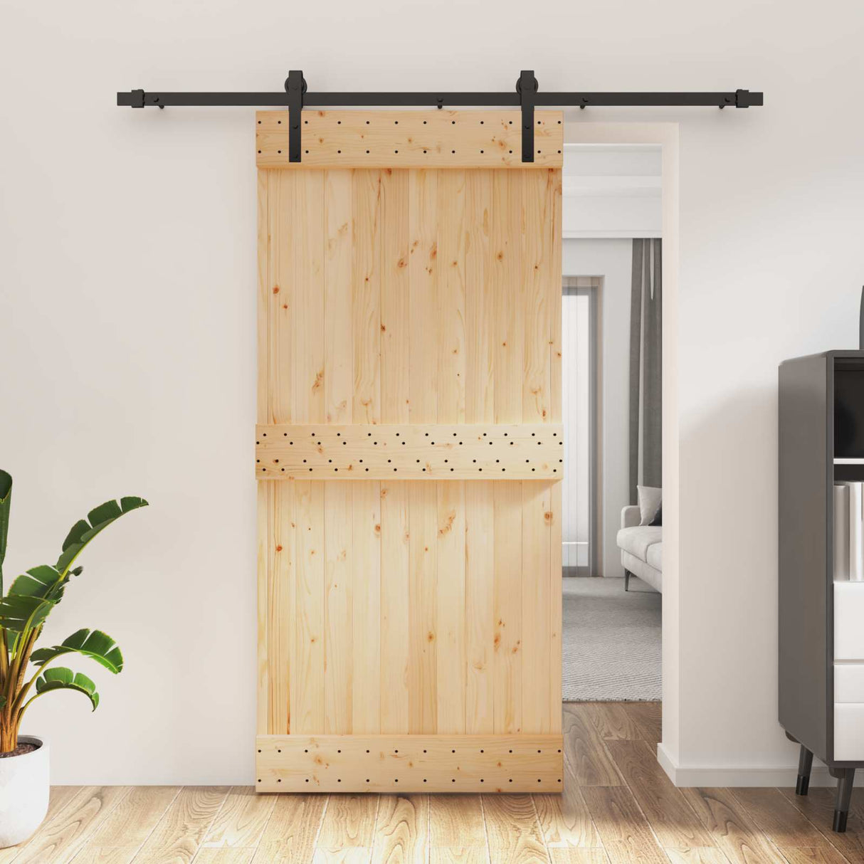 Sliding Door Natural and Black 95 x 210 cm Solid Pine Wood