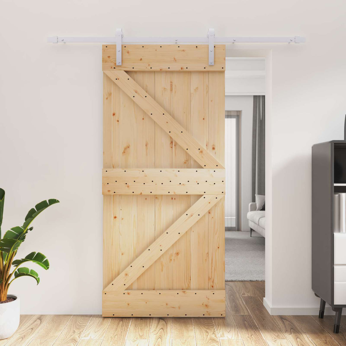 Sliding Door Natural and White 95 x 210 cm Solid Pine Wood