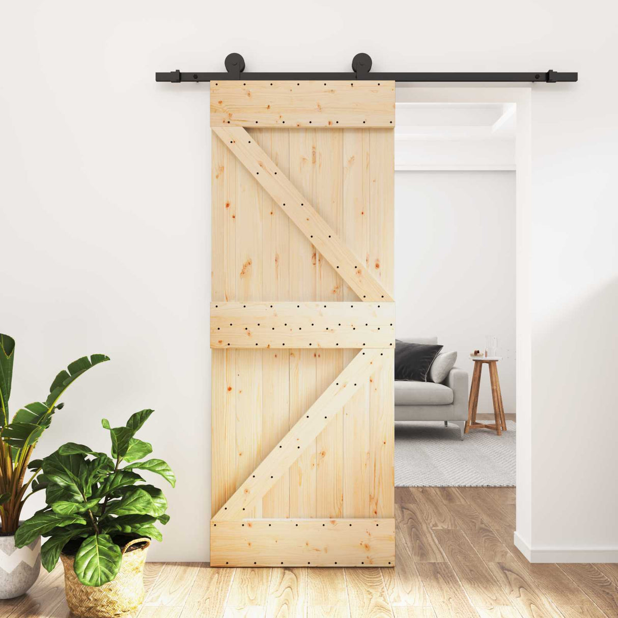 Sliding Door Natural and Black 85 x 210 cm Solid Pine Wood