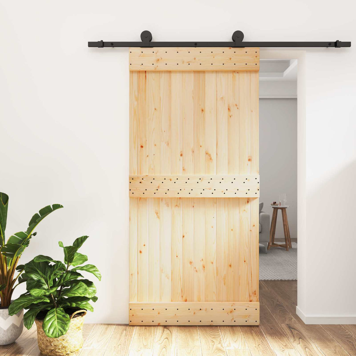 Sliding Door Natural and Black 100 x 210 cm Solid Pine Wood