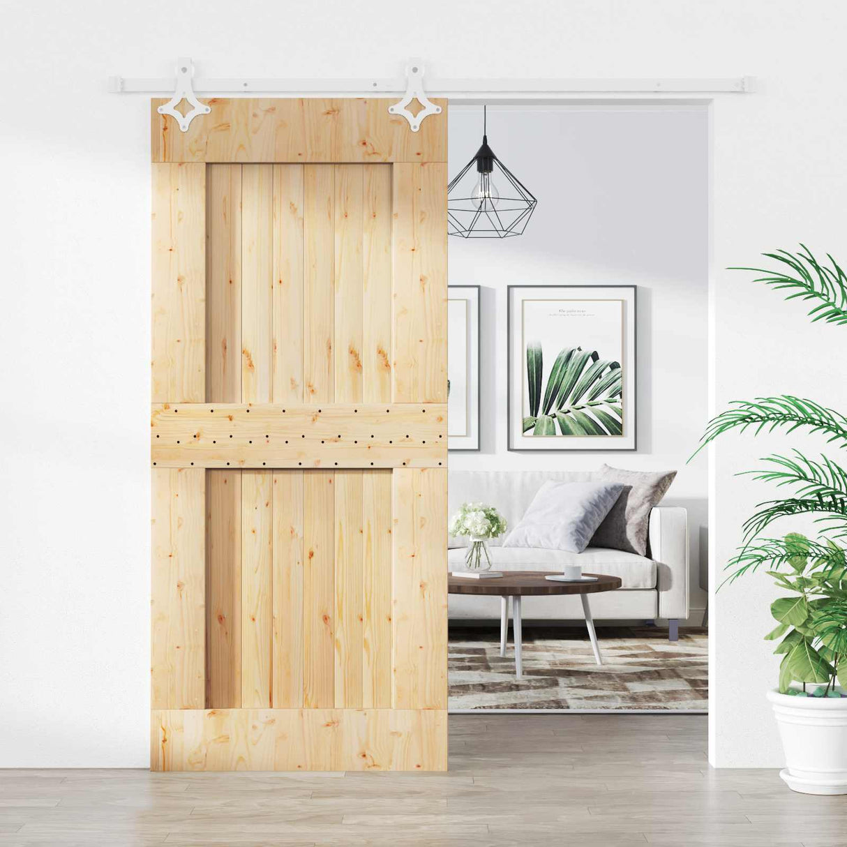 Sliding Door Natural and White 90 x 210 cm Solid Pine Wood