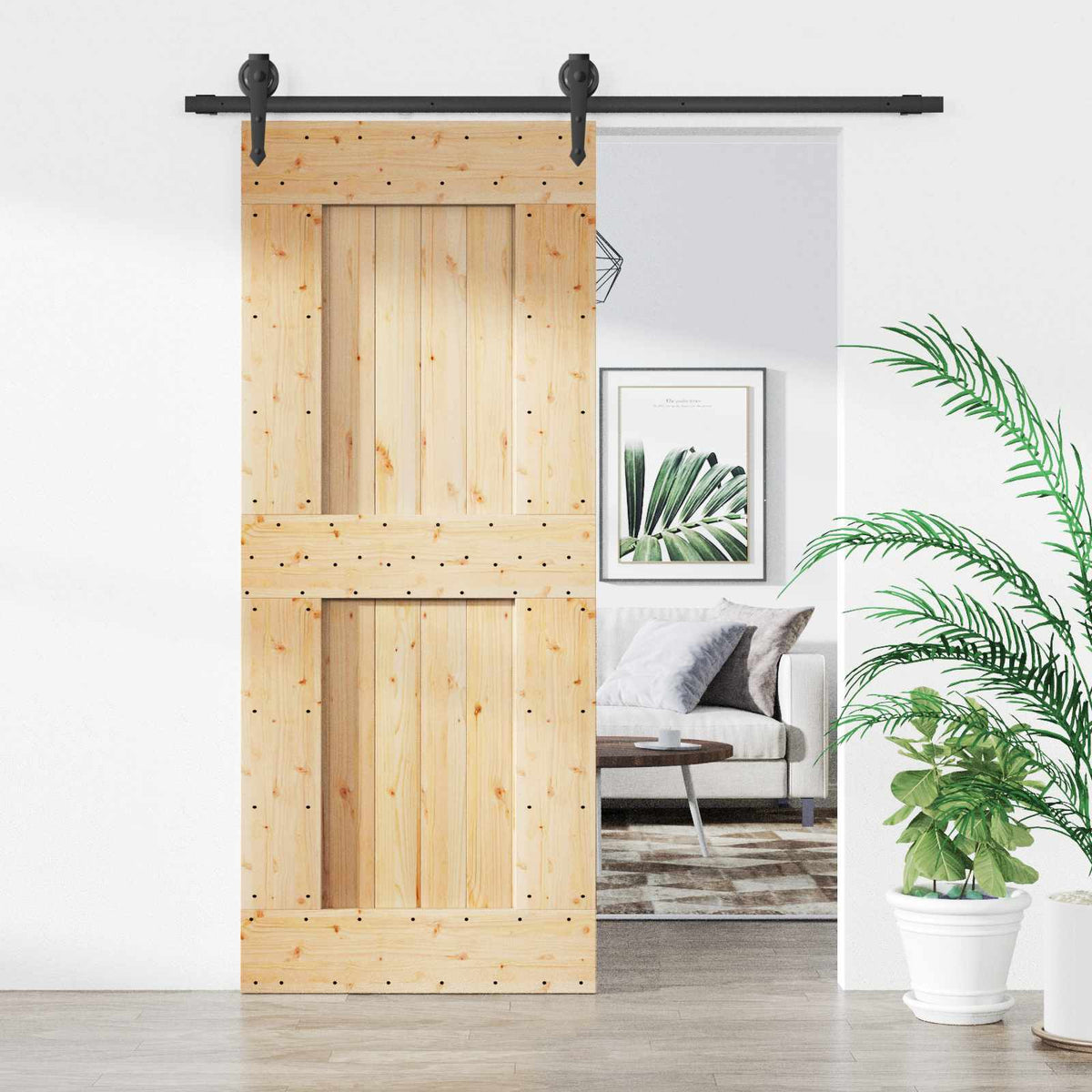 Sliding Door Natural and Black 85 x 210 cm Solid Pine Wood