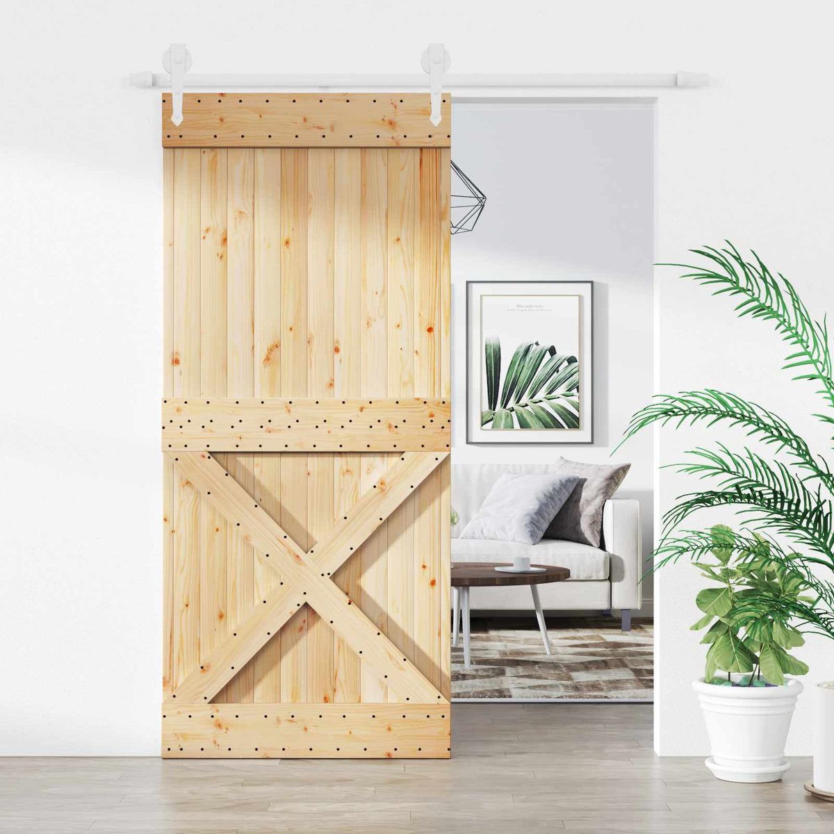 Sliding Door Natural and White 90 x 210 cm Solid Pine Wood