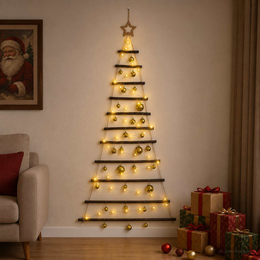 Hanging Christmas tree with baubles 150 cm 80 LEDs Warm White