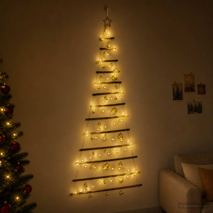 Hanging Christmas tree with baubles 180 cm 100 LEDs Warm White