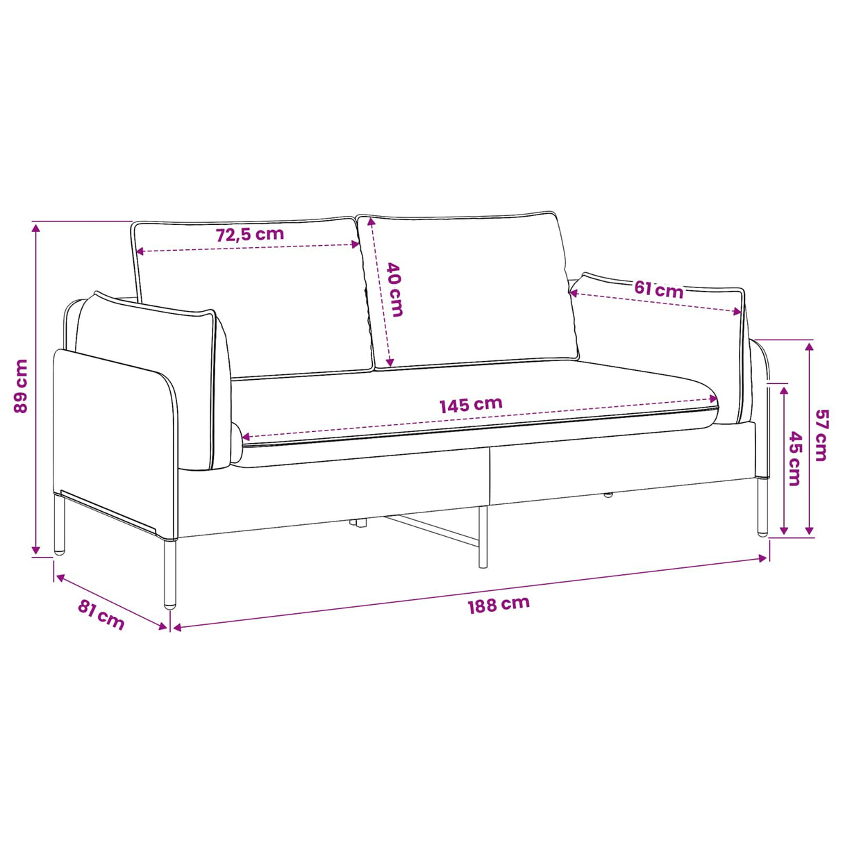 2-Seater Sofa Dark Grey 188 x 81 x 89 cm Fabric