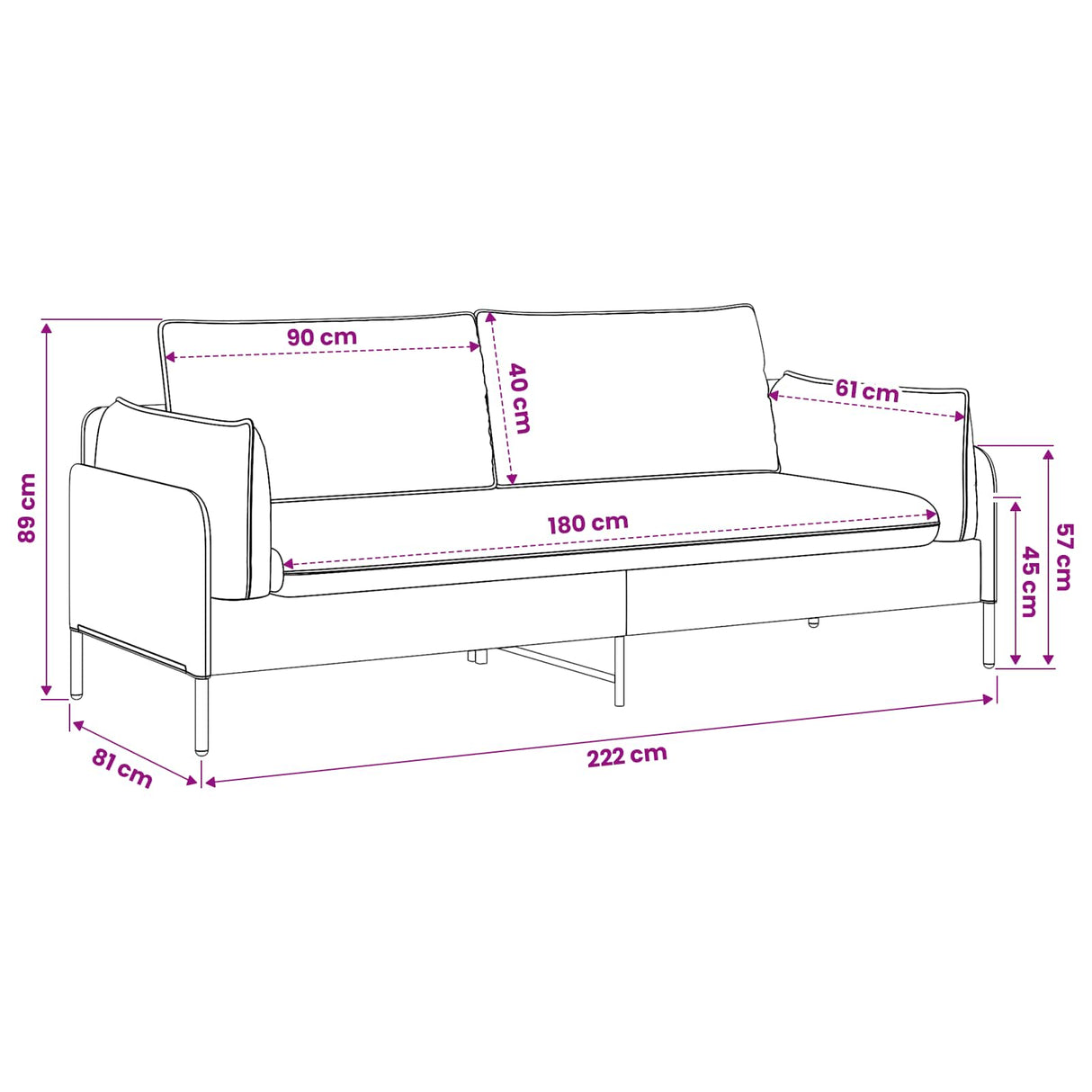 3-Seater Sofa Black 222 x 81 x 89 cm Velvet
