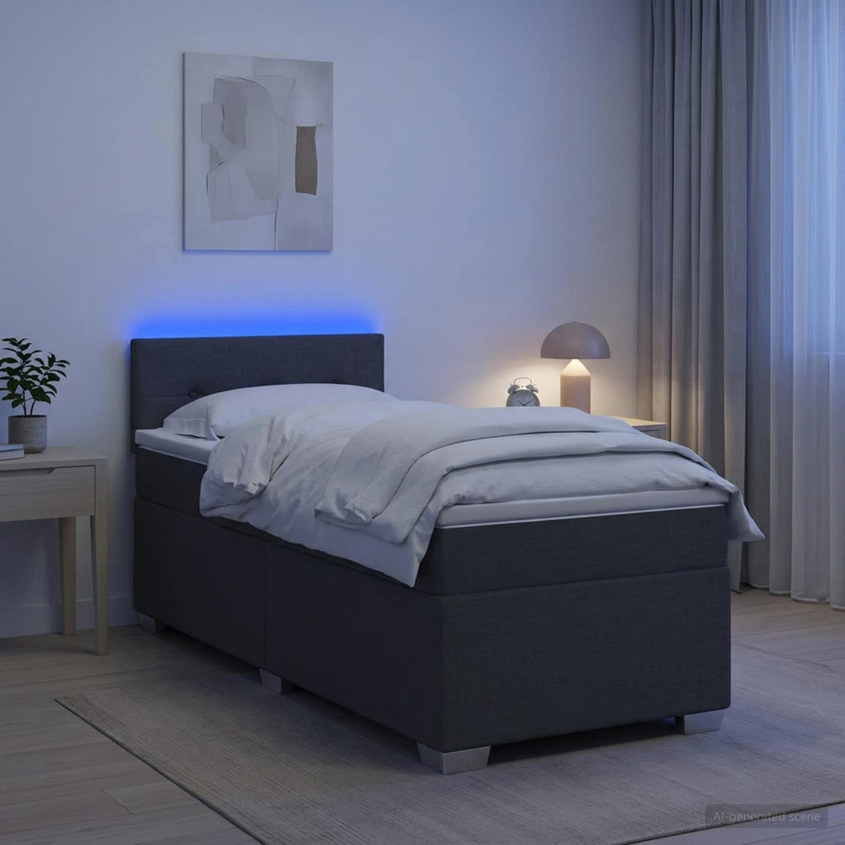 Box Spring Bed with Mattress and LED Dark Grey King Single