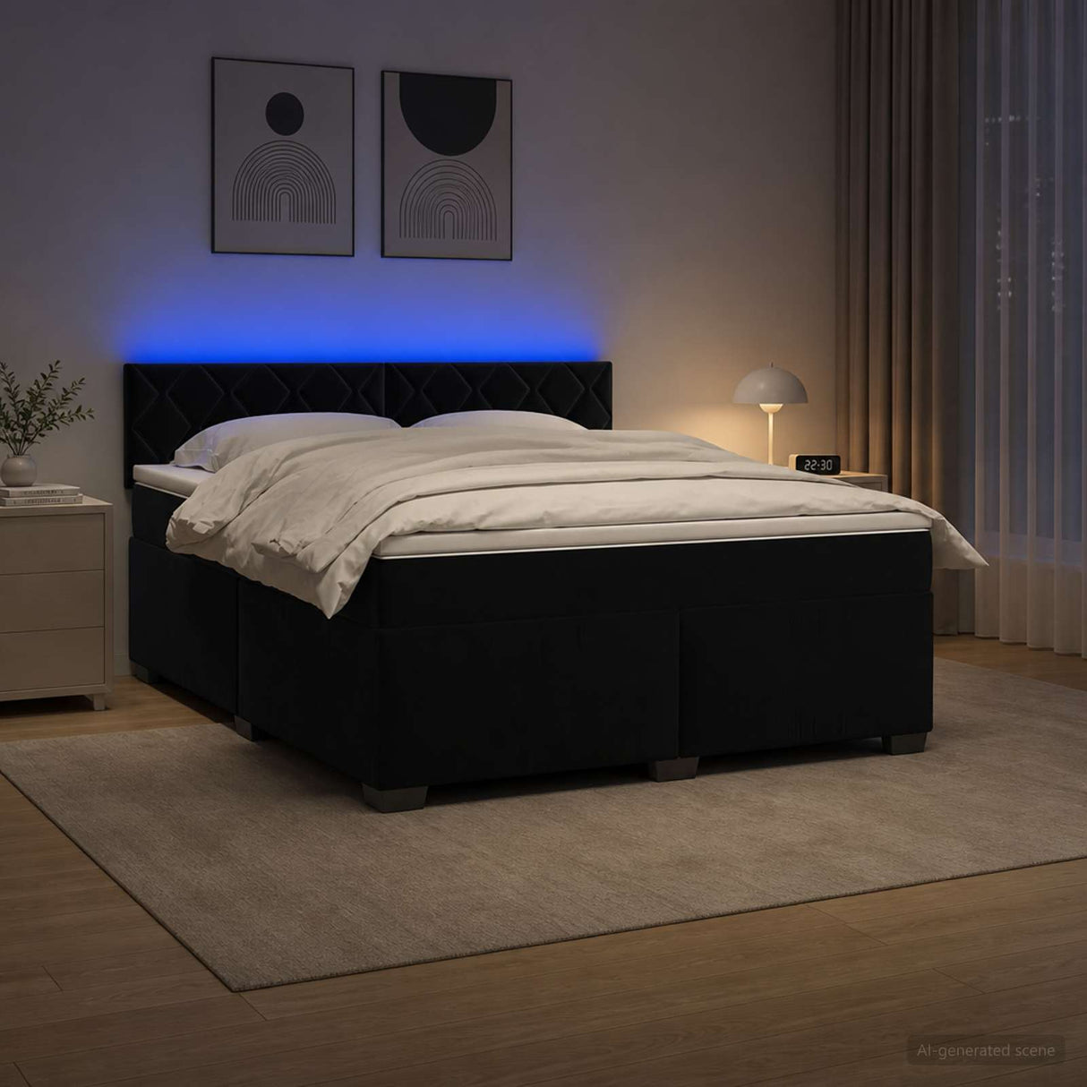 Box Spring Bed with Mattress and LED Black Double Velvet