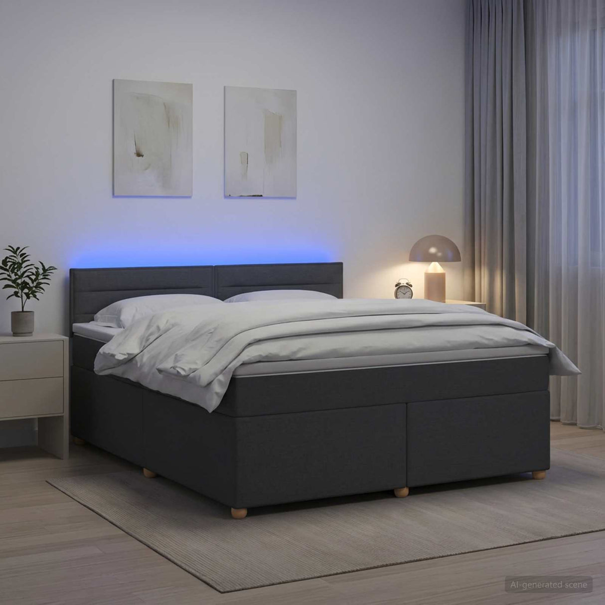 Box Spring Bed with Mattress and LED Dark Grey 153 x 203 cm