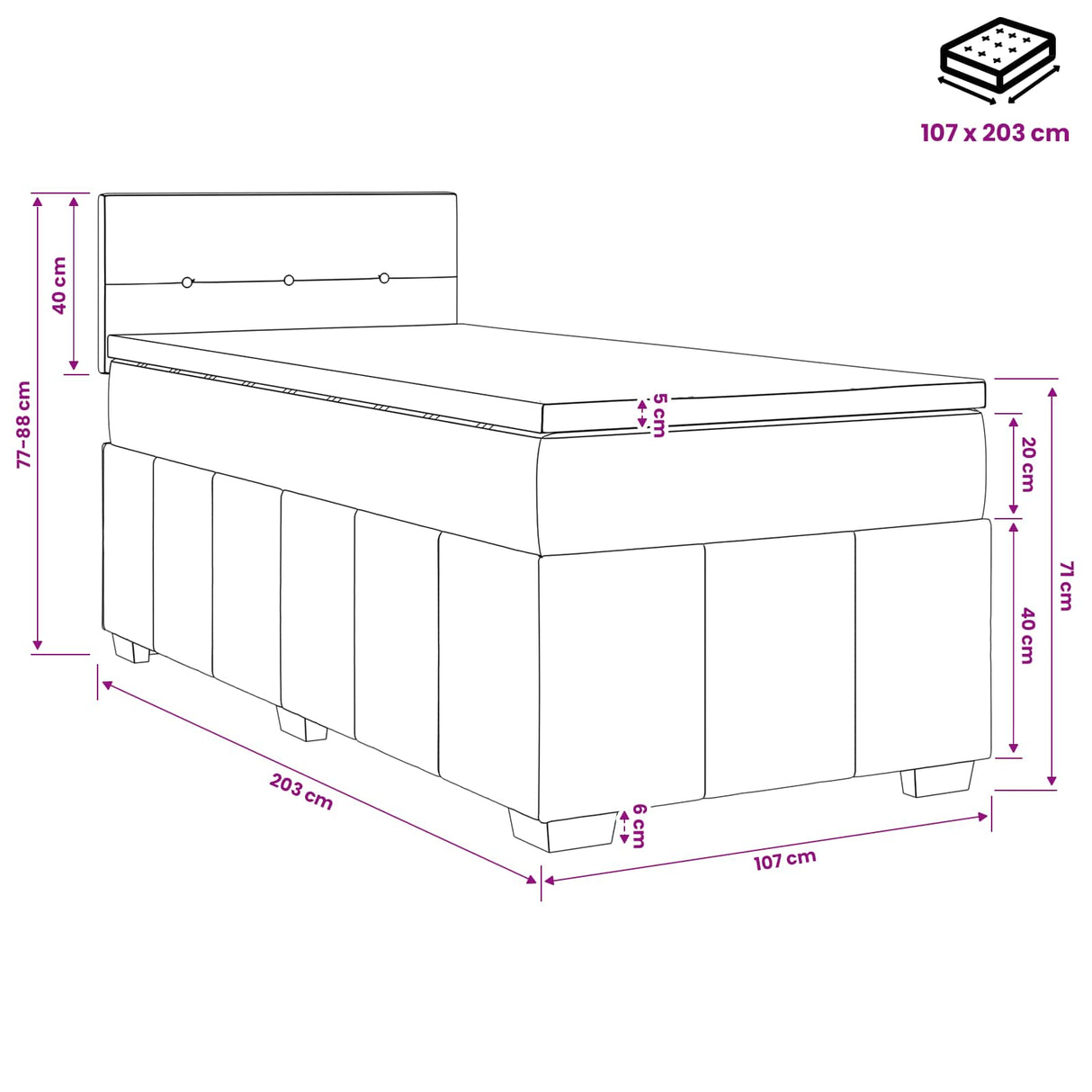 Box Spring Bed with Mattress and LED Dark Grey 107 x 203 cm