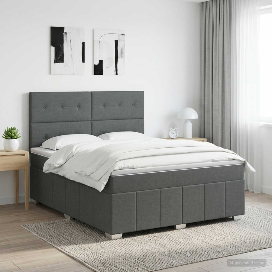 Box Spring Bed with Mattress Dark Grey Queen Fabric