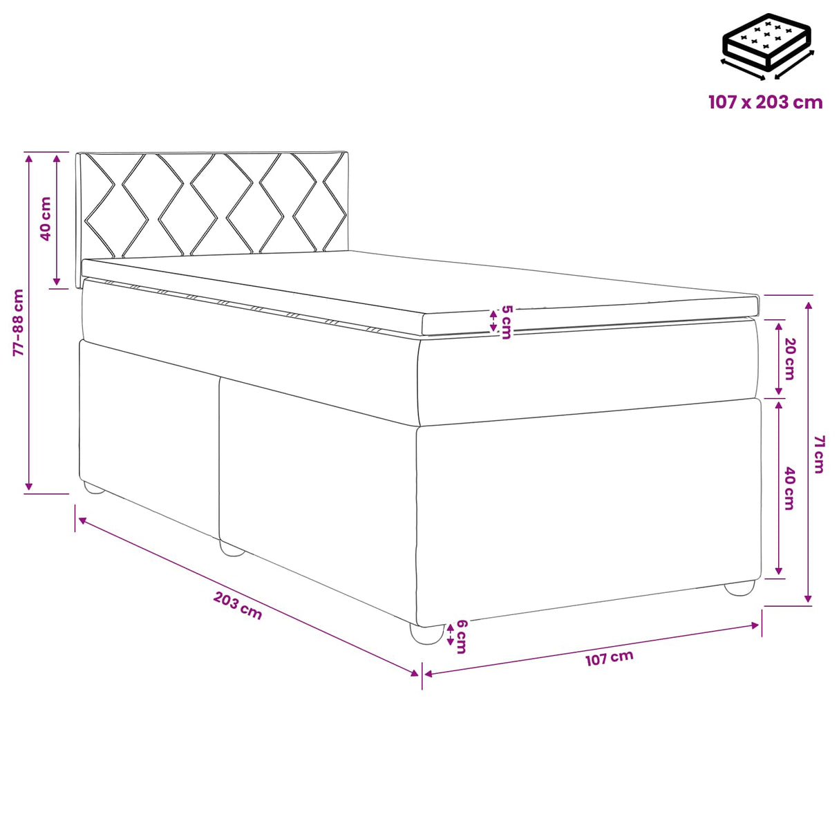 Box Spring Bed with Mattress Black 107 x 203 cm Velvet