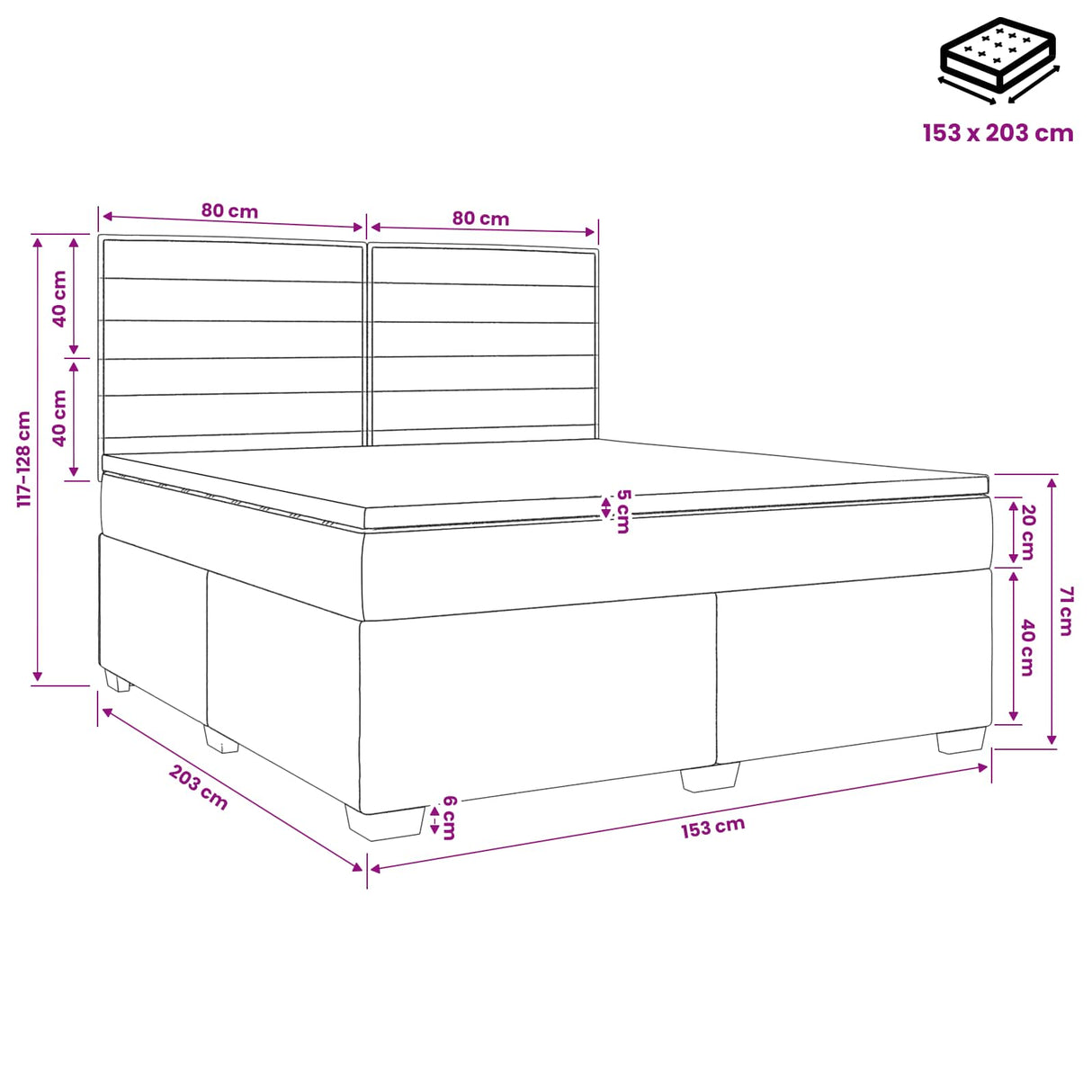 Box Spring Bed with Mattress and LED Dark Grey 153 x 203 cm