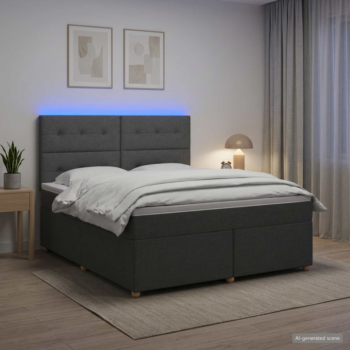LED Box Spring Bed with Mattress Dark Grey 140 x 190 cm Fabric