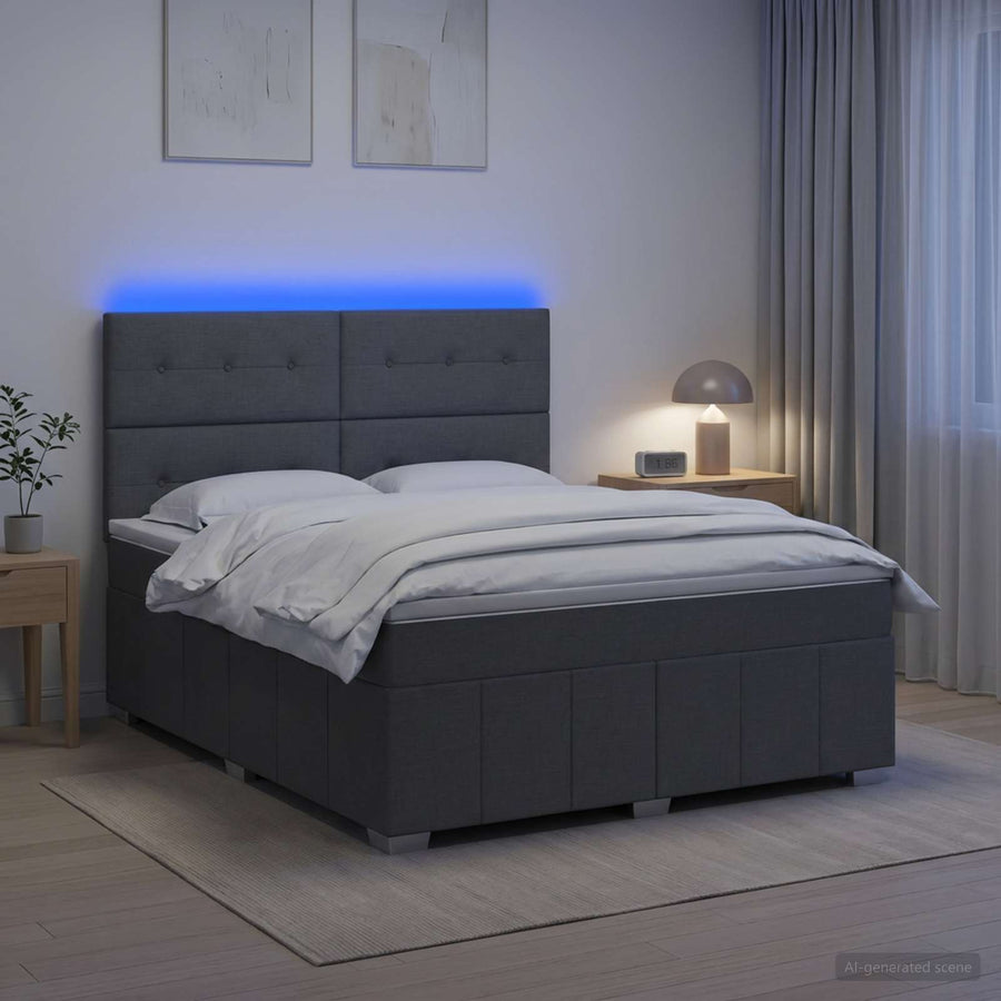 LED Box Spring Bed with Mattress Dark Grey 140 x 190 cm Fabric