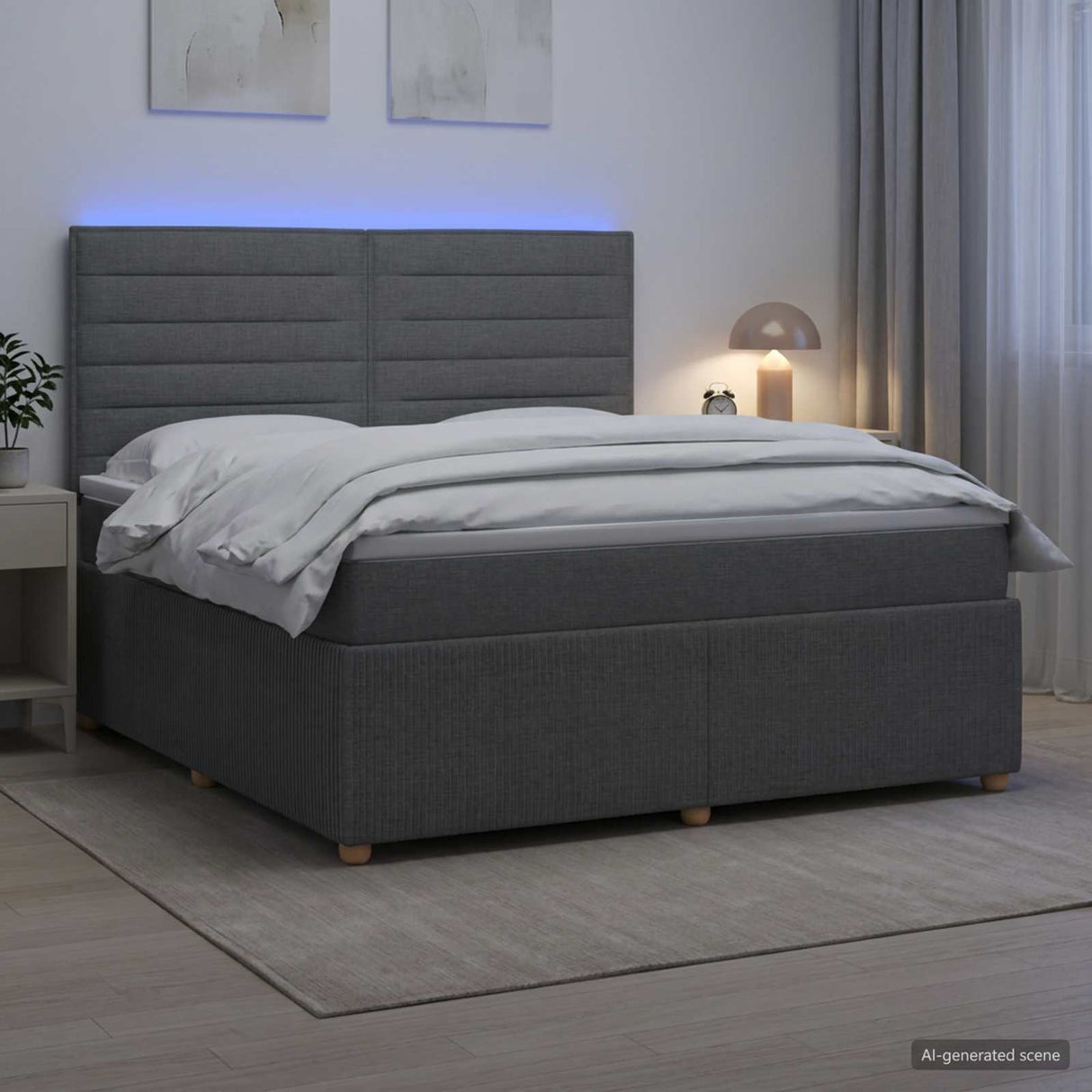 LED Box Spring Bed with Mattress Dark Grey 140 x 190 cm Fabric