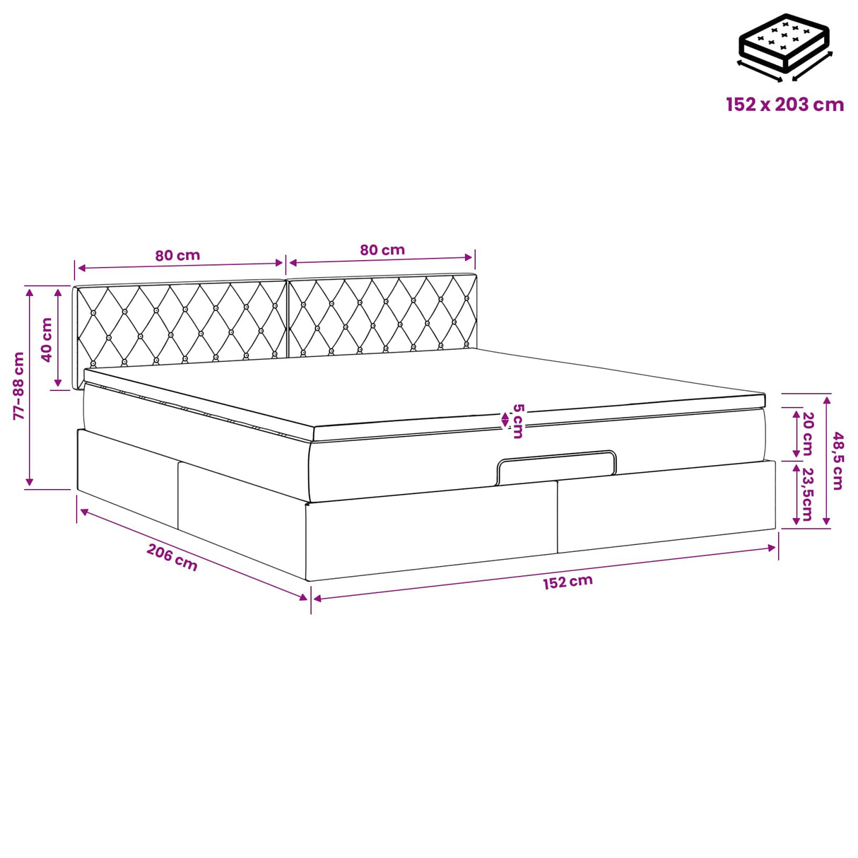 Ottoman Bed with Mattress Black 152 x 203 cm Velvet