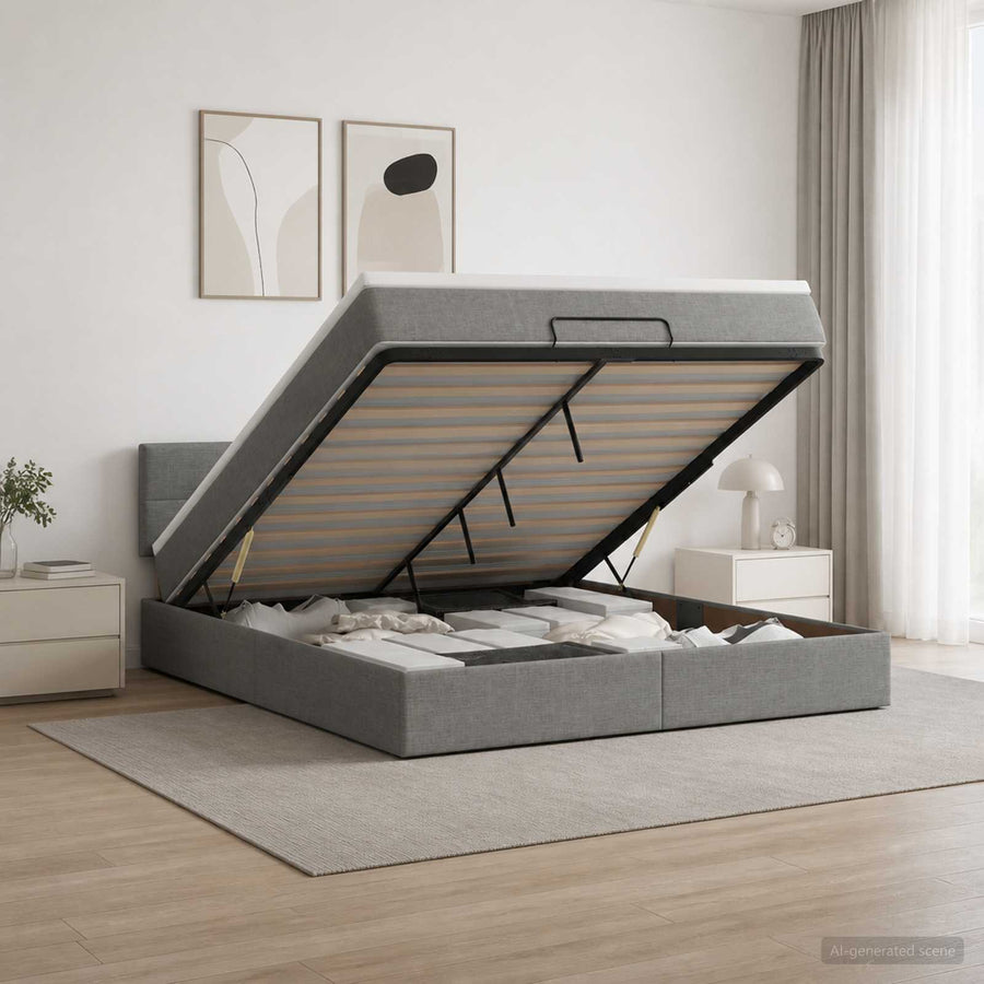 Ottoman Bed with Mattress Dark Grey 152 x 203 cm Fabric