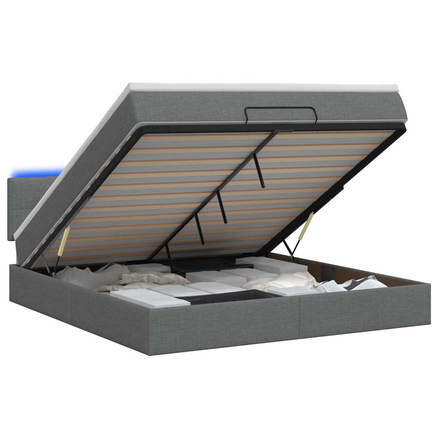 Ottoman Bed with Mattress and LED Dark Grey Double Fabric
